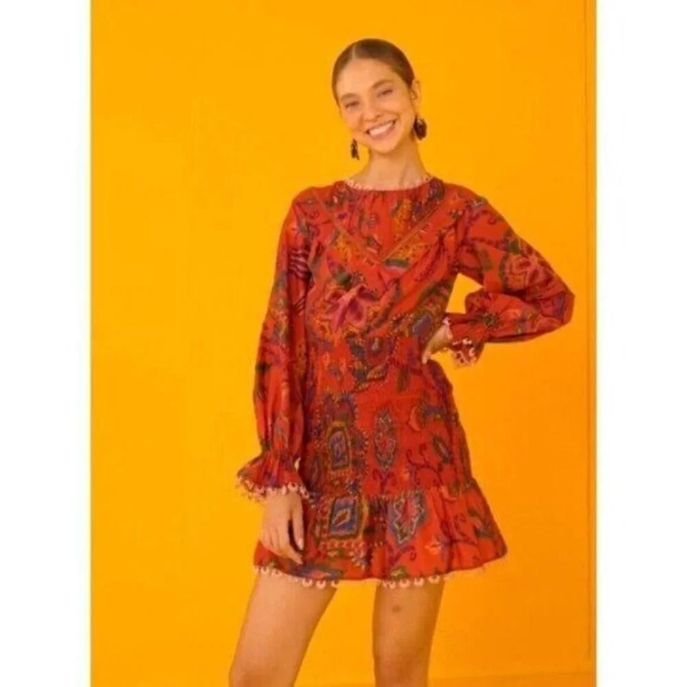 FARM Rio Mini Dress M Tapestry Tropical Smocked Ruffle…Blush Pink Sunset - Picture 1 of 16